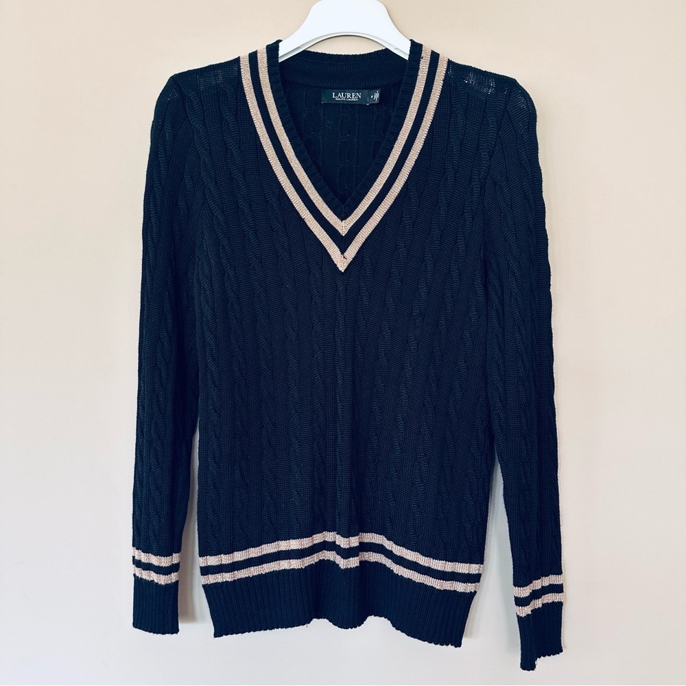 Lauren Ralph Lauren Cricket Tennis Sweater Women M Black Label Gold Tipped Prep